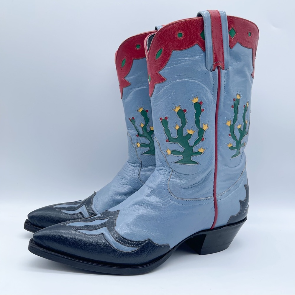 RELISTED Larry Mahan Prickly Pear Cactus Western Cowgirl Boots Blue Red Rodeo 7 - Picture 1 of 16